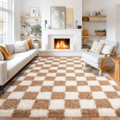 Pionblank 8x10 Area Rugs for Living Room, Fluffy Plush Checkered Rug for Bedroom, Shag Non Slip Soft Furry Large Carpet for Kids Room Nursery Home Decor, Beige and Cream White