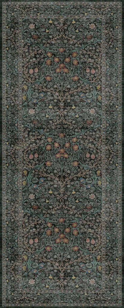 Dark Green 2x5 Runner Rug Non Slip Washable for Bathroom, Kitchen, Floral Boho Low Pile Entryway Rug, Door Mat Indoor Entrance, Small Carpet Runner for Laundry Room
