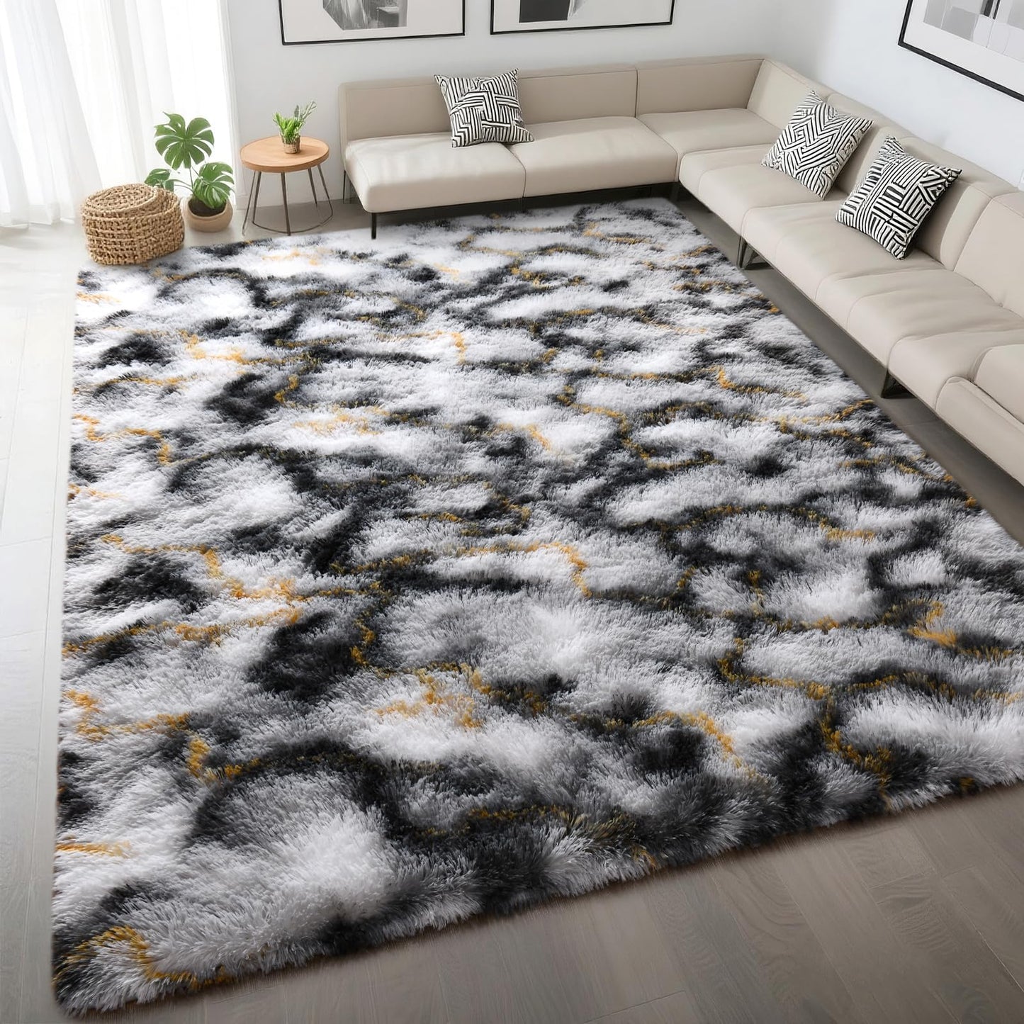 DweIke Fluffy Black White Gold Rugs for Bedroom Living Room, 4x6 Feet Soft Plush Shaggy Tie-Dyed Girls Boys Kids Rug, Upgraded Non-Slip and Machine Washable Carpet for Dorm Nursery Classroom Decor