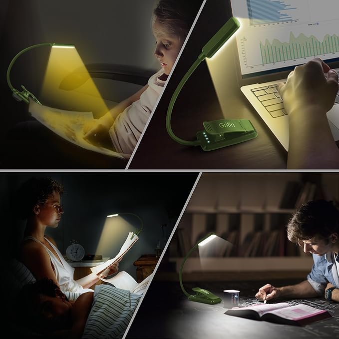 Gritin 9 LED Rechargeable Book Light for Reading in Bed - Eye Caring 3 Color Temperatures,Stepless Dimming Brightness,80 Hrs Runtime Small Lightweight Clip On Book Reading Light -Intense Green