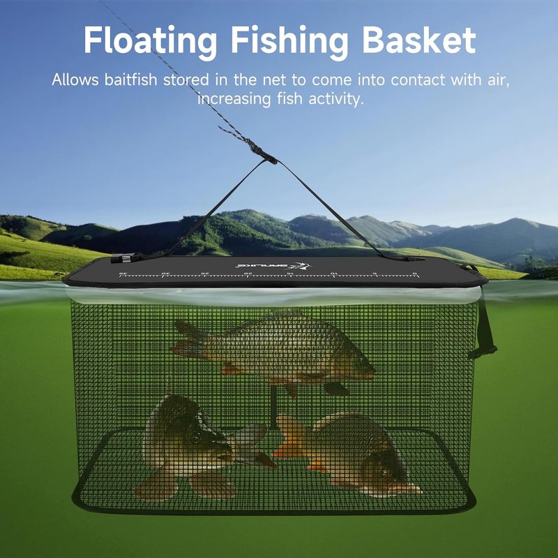 Floating Fishing Basket - Collapsible Net Cage for Live Fish | Rubber Coated, 24L/40L/59L, Black/Grey