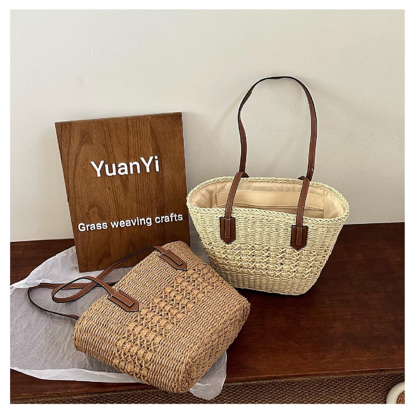 BVNTBZC Large Straw Shoulder Bag Women Woven Tote Travel Bag Top Handle Summer Beach Handbag Purse (Khaki)