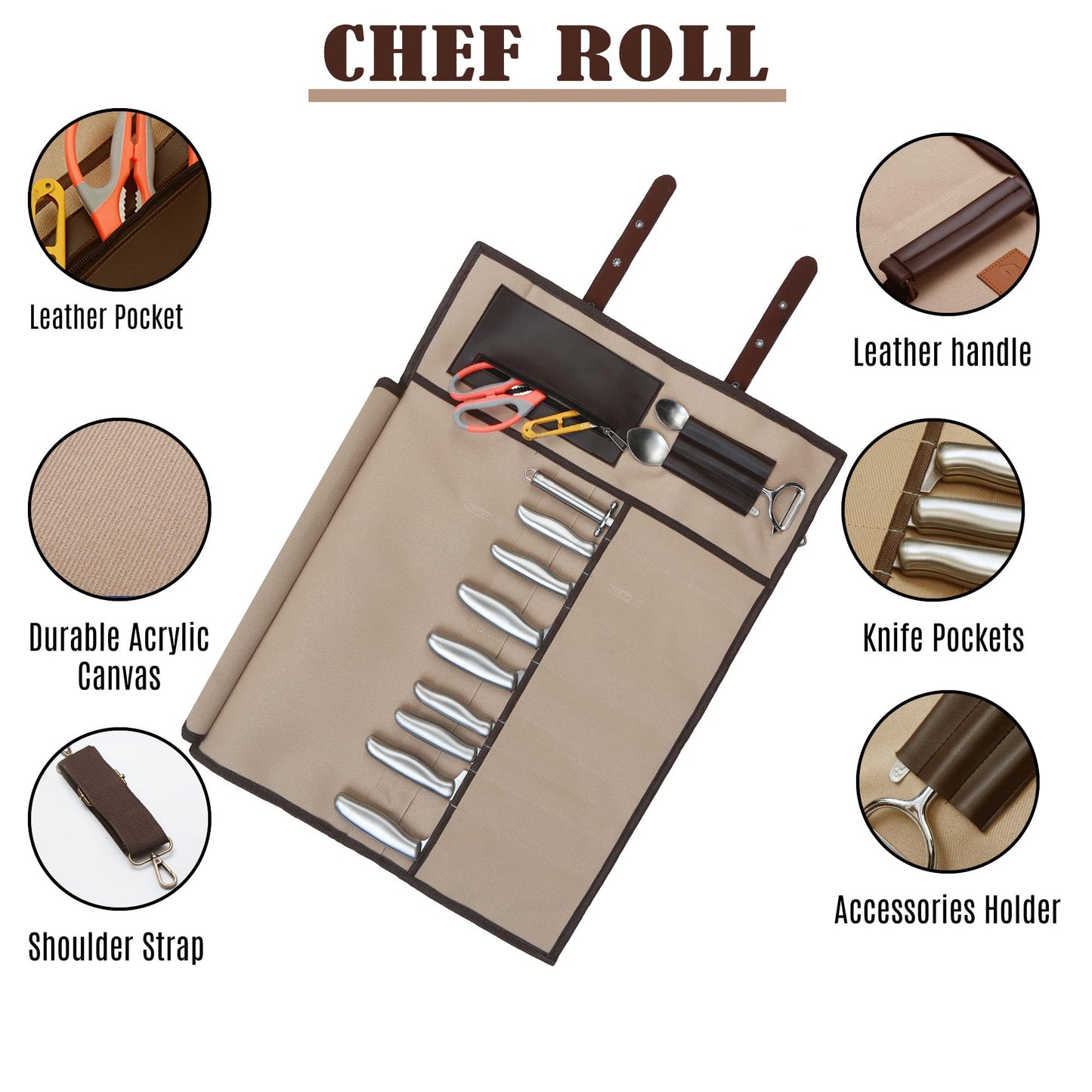 Pargana Chef Knife Roll Bag 9 Knife Slots - Durable Water-Resistant Acrylic Canvas Knife Roll Case Adjustable Leather Shoulder Strap & Handle - Fits 12” Knives & Honing Steel -Culinary Travel-Friendly