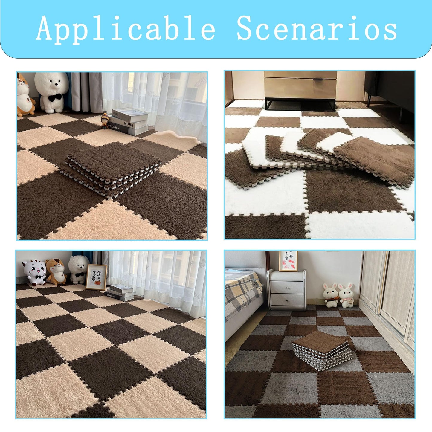 Interlocking Carpet Shaggy Soft EVA Foam Mats Fluffy Area Rugs Protective Floor Tiles Exercise Play Mat for Children Kids Room Home Parlor Bedroom 12 pcs (Coffee, 12)