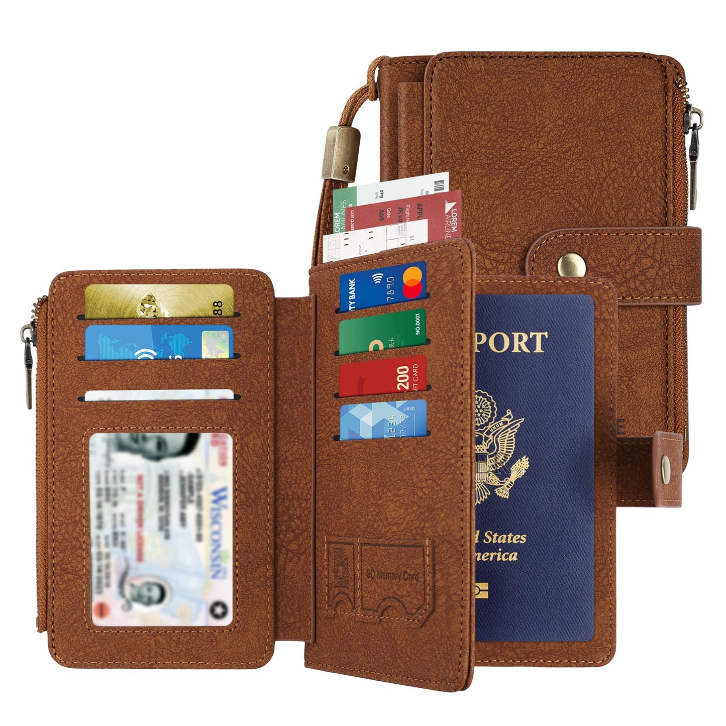 Likesing RFID Blocking Passport Book Holder, Leather Pink Passport Holder for Women/Men, Cute Travel Wallets with Card ＆ SIM Slots, Photo Pocket, Zippered Coin Cash Pocket Passports Cover(Brown)