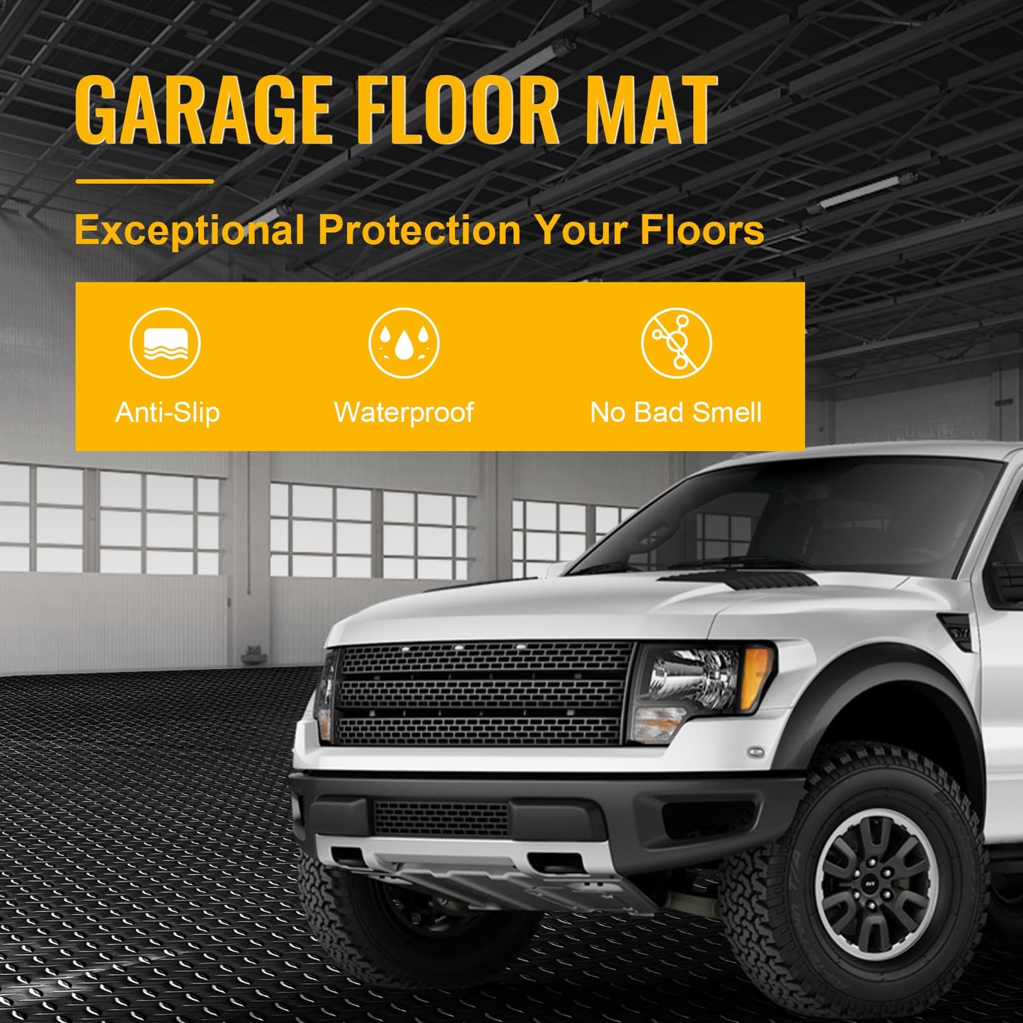 Grandroad auto 8x20 FT Garage Floor Mat, 2.8mm Thickened Flooring Roll for Under Car Diamond Plate PVC Rubber Mat with 20 Pcs Tapes, Non-Slip Floor Mat for Garage, Warehouse, Gyms, Trailer, Black