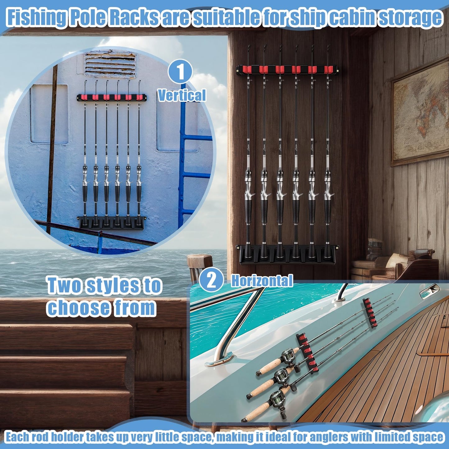 Teyva Daily 3 Set Fishing Rod Holders for 18 Garage Fishing Rod Rack Wall Mount Fish Pole Holders for Boat Room Vertical Horizontal Pole Storage Boat Accessories Gifts for Men (Vertical)