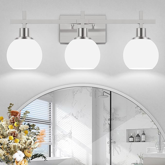 Modern Vanity Lighting Fixtures,3-Light Bathroom Lighting Fixtures Over Mirror，Brushed Nickel Wall Mounted Bathroom Vintage Lamp with Milky White Glass Lampshade for Living Room，Bedroom
