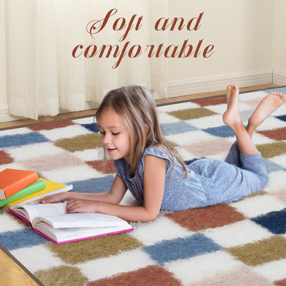 Super Soft Rug for Bedroom, 5x7 Ft Rainbow Area Rug Classic Checkered Shaggy Rug Anti-Skid High Pile Soft Fluffy Fuzzy Carpet for Living Room Bedroom Kids Room Nursery, Dorm Home Decor