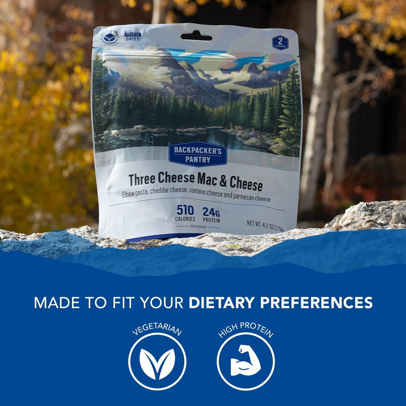 Backpacker's Pantry Three Cheese Mac & Cheese | Freeze Dried Backpacking & Camping Food | Emergency Food | 24 Grams of Protein | Vegetarian | 1 Count
