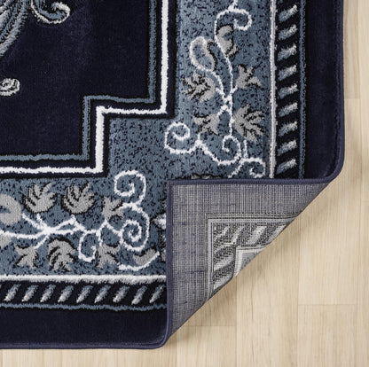 HADBA Modern 8 x 10 Rug for Living Room - Navy Oriental Large Area Rugs for Living Room Dining & Bedroom - Hand Carved Runner Carpet - Durable Polyester - Non-Fade Stain-Resistant - Turkish Made