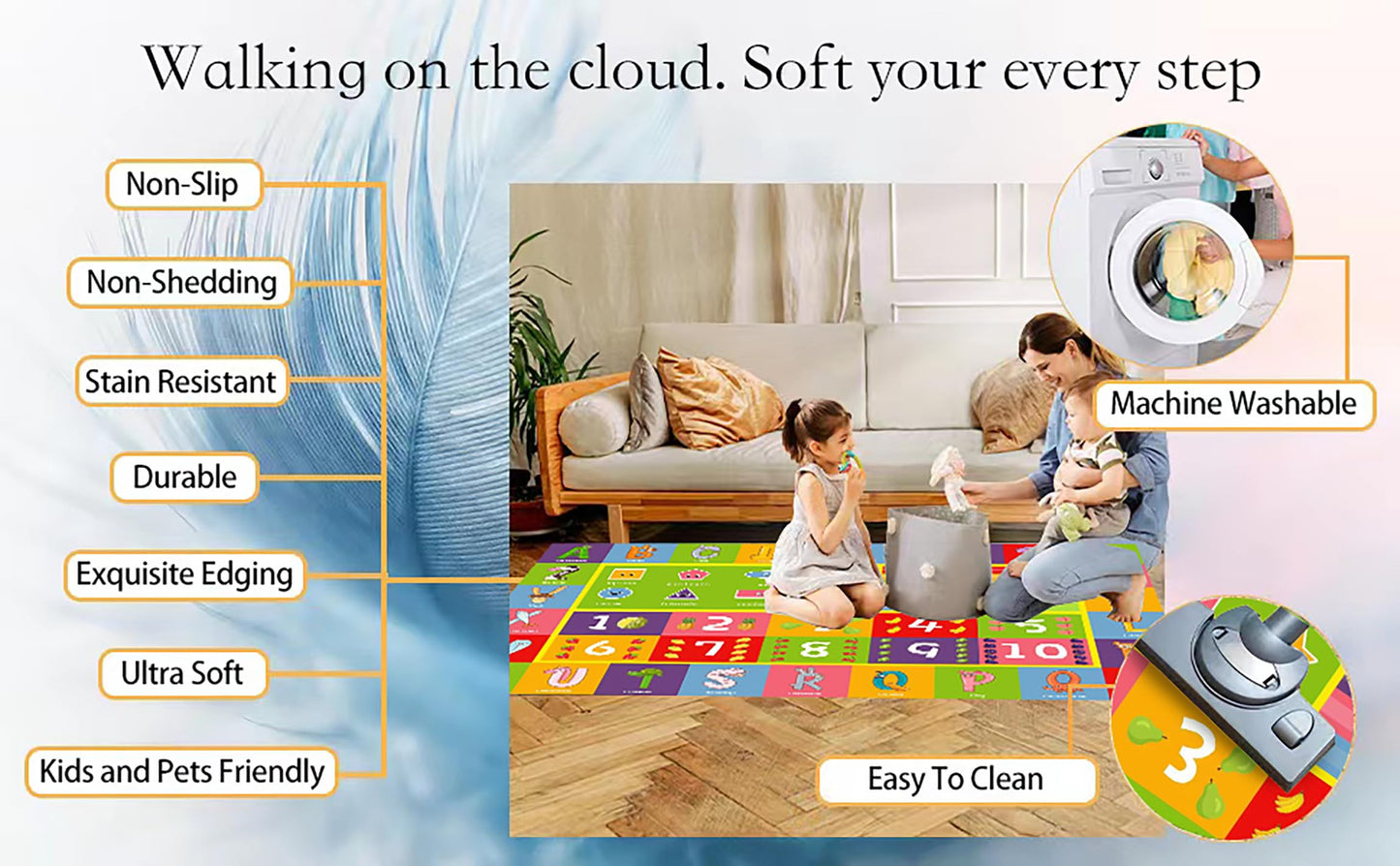 ABC Alphabet Animals Educational Playmat - Interactive Learning Carpet for Toddlers & Infants with Numbers & Shapes, Classroom/Bedroom Play Rug, Machine Washable(Size:80 * 120cm/31" x 47")