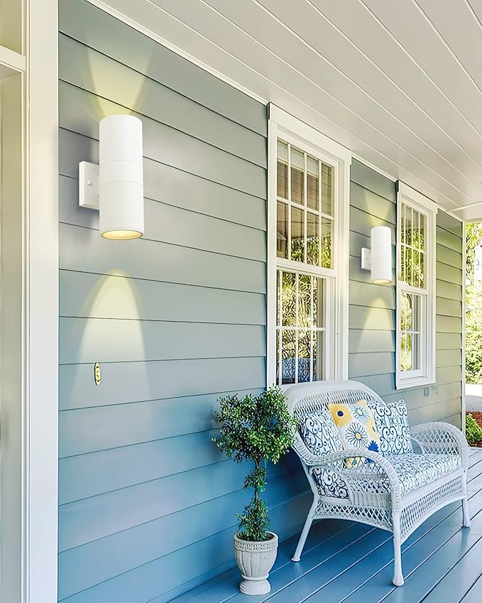 Ken & Ricky White Outdoor Wall Lights,Exterior Sconces Wall Lighting with Tempered Glass Cover,Cylinder Outside Light for House Porch Garage Front Door - 2 Pack