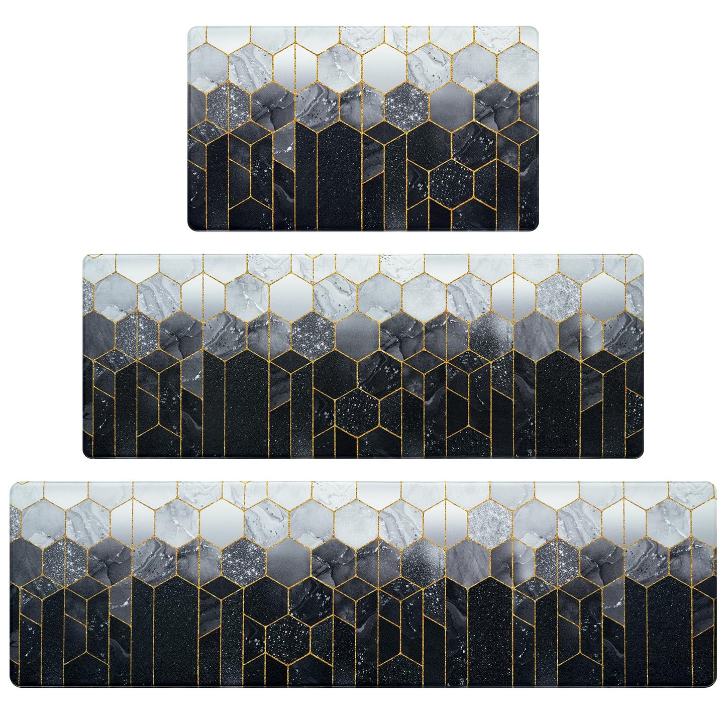 Likiyol Kitchen Rugs Set of 3 Marble Kitchen Mats for Floor Anti Fatigue Mats for Kitchen Floor, Black Grey Ombre Kitchen Rugs Non Slip Washable Kitchen Floor Mat, 18'' x 30''+18'' x 48''+18'' x 60''