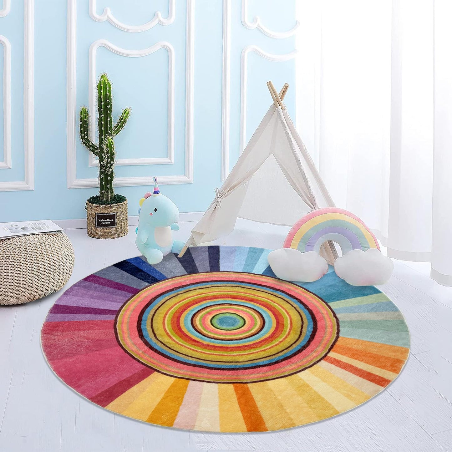 Lacomfy Kids Rug Circle Sun Rug 4Ft Round Modern Abstract Girls Bedroom Carpet Round Rainbow Nursery Mat Playroom Bedside Area Rug for Children Cartoon Crawling Mat for Home Decor