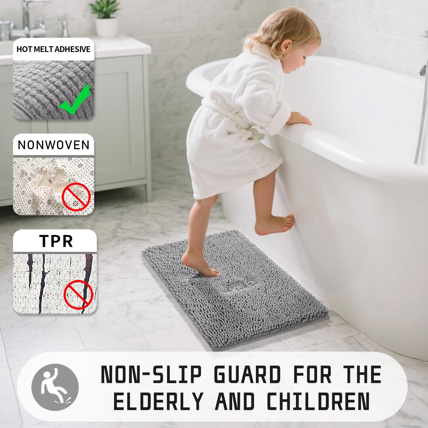 Yimobra Washable Bathroom Rugs, Super Soft & Absorbent Chenille Bath Mat for Floor & Carpet, Quick Dry Non Slip Bath Mat for Tub Shower, 24" x 17",Gray