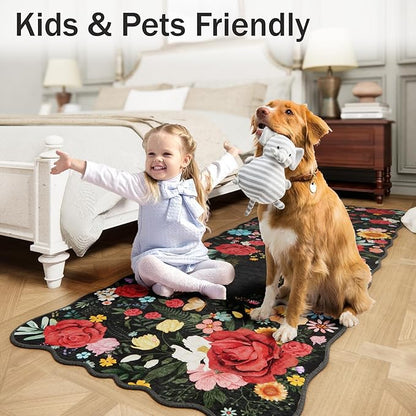 Kitchen Rug Runners for Hallways: 2x6 Washable Runner Rugs for Kitchen Ultra Thin Stain Resistant Non Slip Low Pile Lightweight Vintage Floral Carpet for Laundry Room, Bedside Decor (Black)