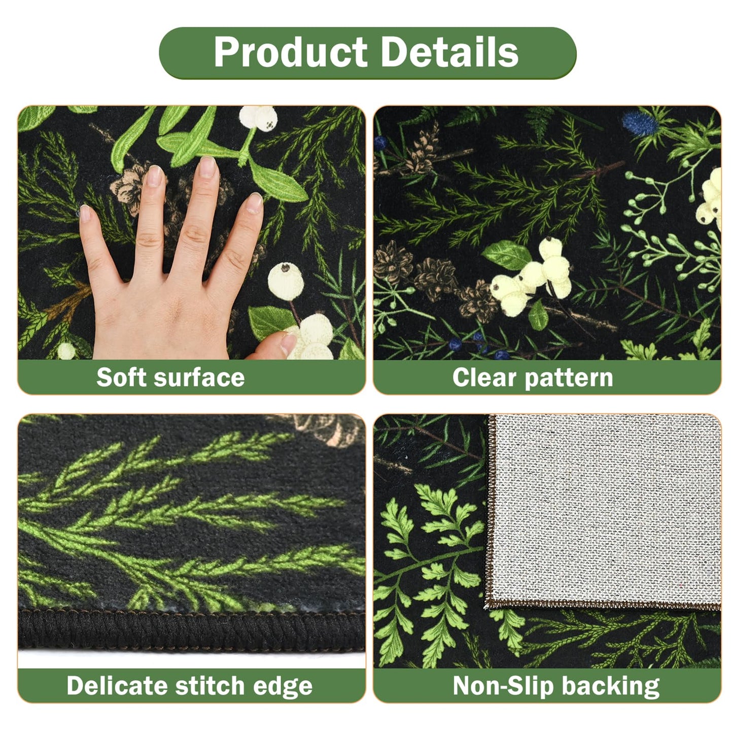 PCSWEET HOME Black Botanical Kitchen Rug Sets 3 Piece, Washable Kitchen Mats for Floor Non Slip Durable Kitchen Floor Mat Carpet Runner Rugs for Hallway Laundry Room