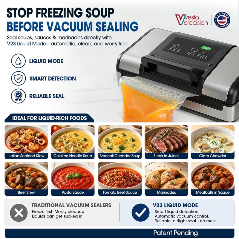 Vesta Precision 12" Vacuum Sealer Machine for Liquid & Moist Foods, Smart Heat Sealing Prevents Bag Melting, Built-in Cutter & Roll Storage Fits 2X20’ or 1X50' Rolls, Mason Jar Kit, Sous Vide, V23