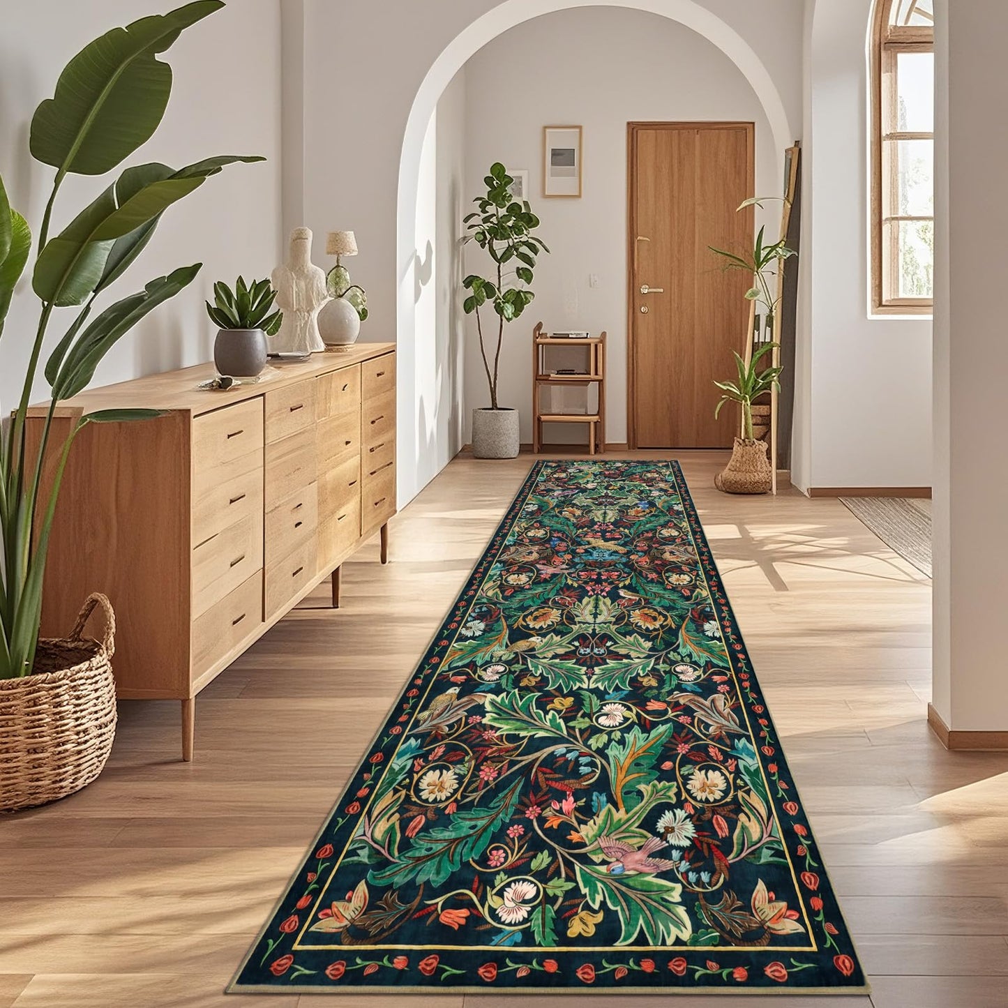 nesrt Boho Washable 3x10 Hallway Runner Rugs, Non Slip Floral Birds Long Kitchen Runners, Soft Jungle Birds Floor Carpet for Entryway, Low Pile Decor Rug for Hall Laundry Bedroom Bathroom (Dark Green)