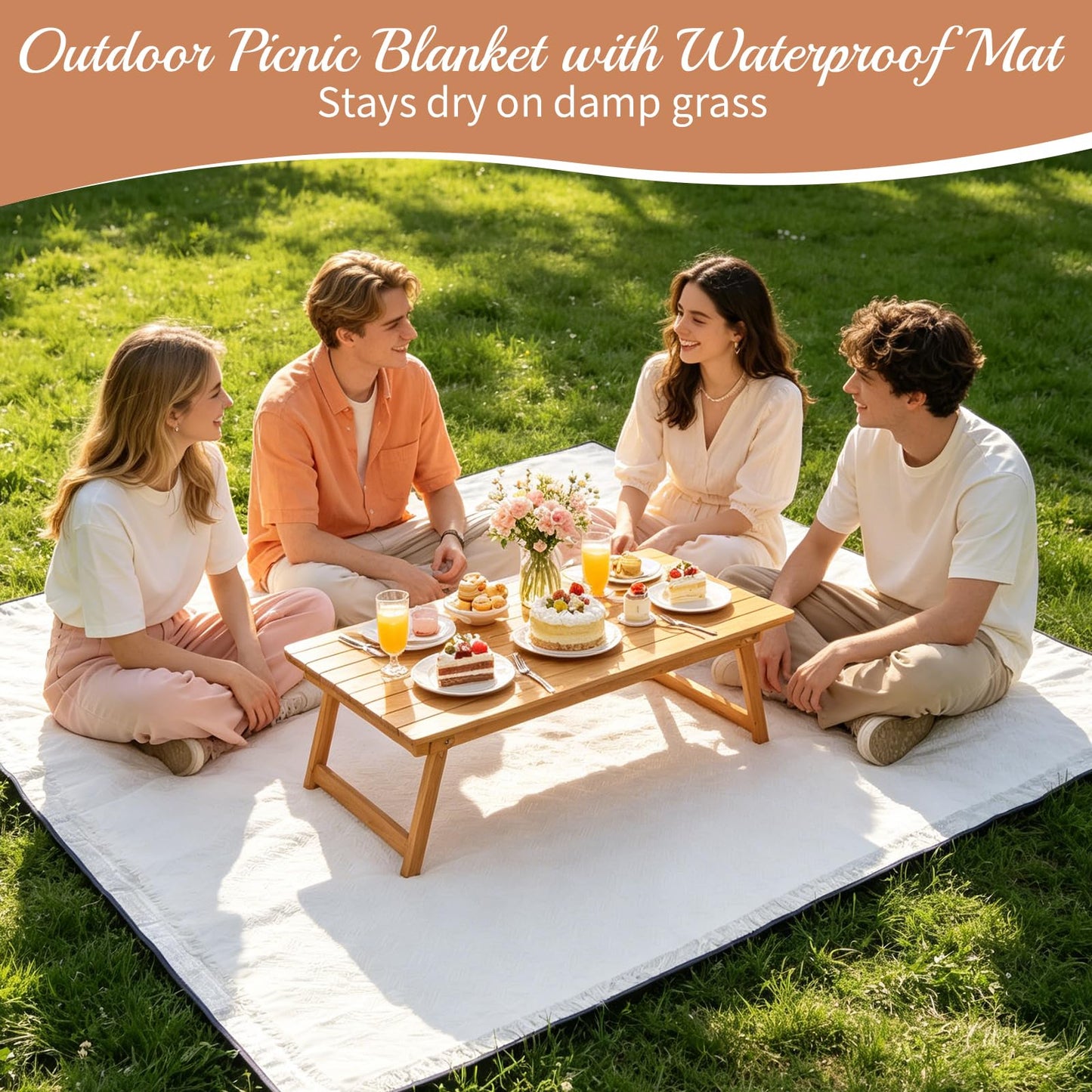 91x71 In Extra Large Outdoor Picnic Blanket with 94x79 In Waterproof Mat, Oversize Woven Cotton Yarn Beach Blanket with Fringe, Machine Washable Portable for Spring Summer Camping Beach Park (White)