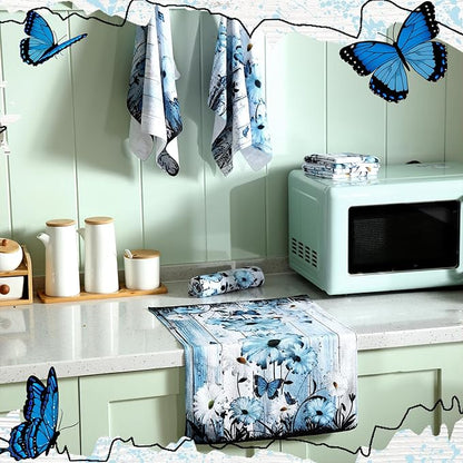 Breling Set of 6 Blue Daisy Kitchen Towel Vintage Themed Dish Towel Bathroom