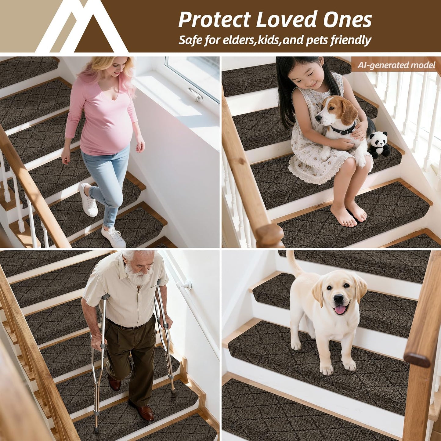 COSY HOMEER Bullnose Carpet Stair Treads, 3 Pack Peel and Stick Non-Slip Stair Treads for Wooden Steps Indoor, 11" x 30" Washable Pet Friendly Stair Runner with Edge Protection for Kids Elders, Brown