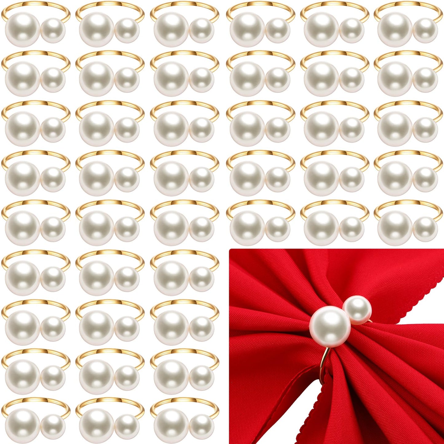Sliner 50 Pcs Gold Pearl Napkin Rings Set, Faux Pearl Napkin Ring Holders, Delicate Metal Serviette Buckle Bulk for Wedding, Dinner Banquet, Holiday Gather Part, Party Table Decor(Simple Style)