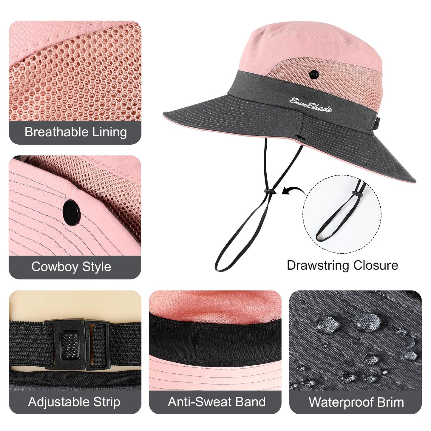 Sun Hats for Women, Wide Brim Beach Bucket Hats with Ponytail Hole, Outdoor UV Protection Foldable Fishing Hat Cooling Mesh Hiking Bucket Hat, Pink