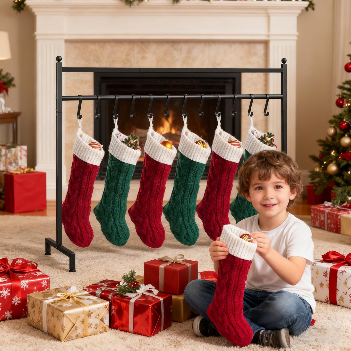 ELYKEN Christmas Stocking Holder Stand, Freestanding Stocking Rack with 12 Removable Hooks, Heavy Duty Metal Christmas Stocking Stand for Floor, Weighted Stocking Holder with Adjustable Feet, Black