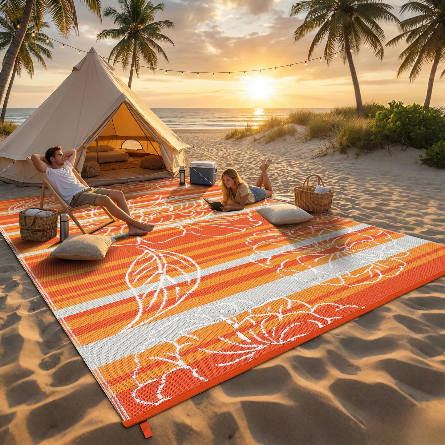 Garvee 8x10 Outdoor Waterproof Rug, Floral Outdoor Area Rug，Reversible Plastic Straw Patio Rug, Portable Camping Mat for RV, Picnic, Beach, Balcony, Garden & Camping Orange