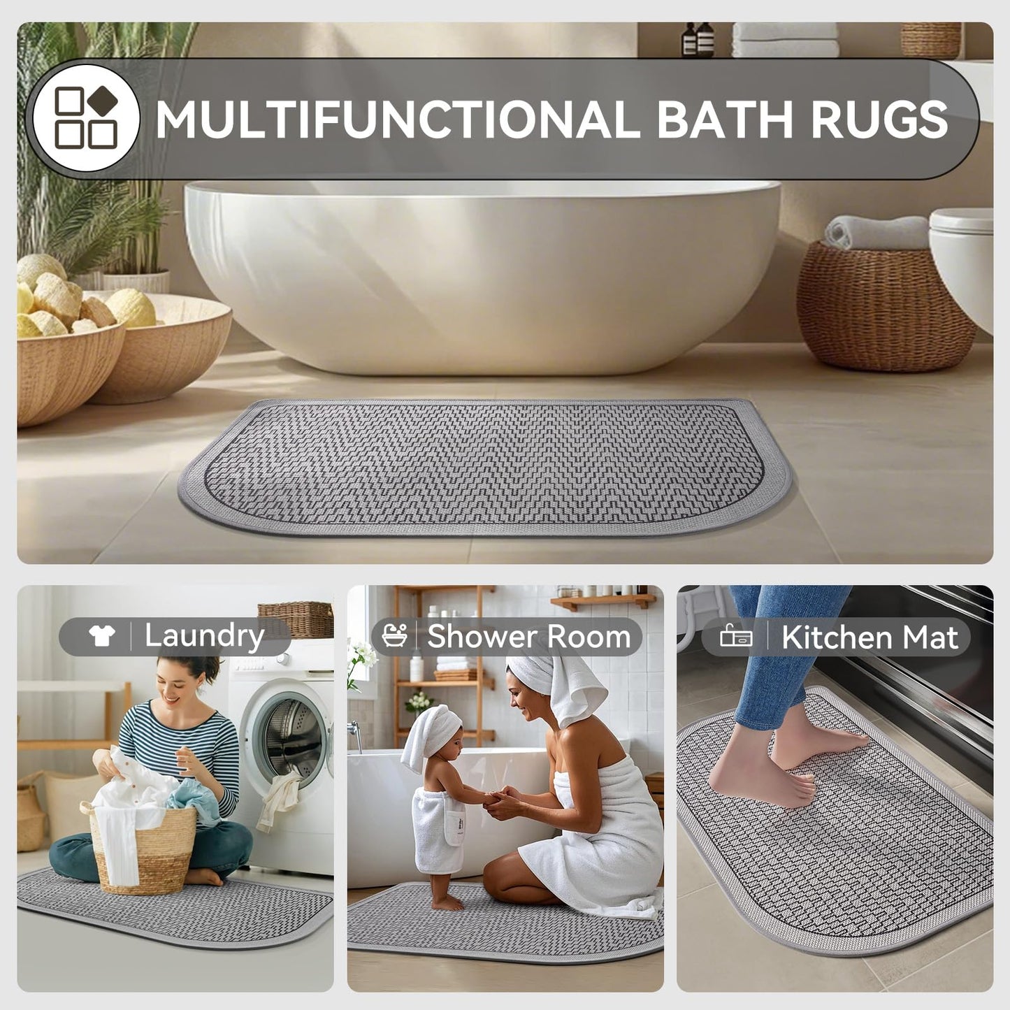 YDKGL Half Circle Bath Mat, Thin Bathroom Rugs Fit Under Door Quick Dry Non Slip Washable Bathroom Mat with Rubber Backing, Absorbent Half Round Shower Rug