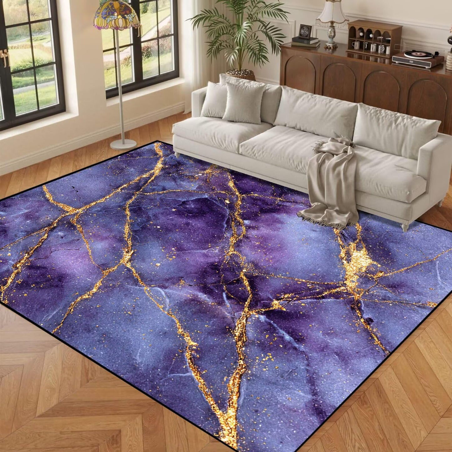 FUYEUN 5' x 7' Marble Area Rug Morden Abstract Throw Rugs for Classroom Bedroom Dorm Living Room Home Teens Carpet Home Decor Washable, 63" x 83", Purple and Gold