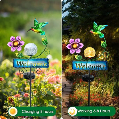 Outdoor Solar Garden Lights with Welcome Sign, Hummingbird Ornament Metal Stake Lights for Lawn, Patio, Cracked Glass Balls (Hummingbird)
