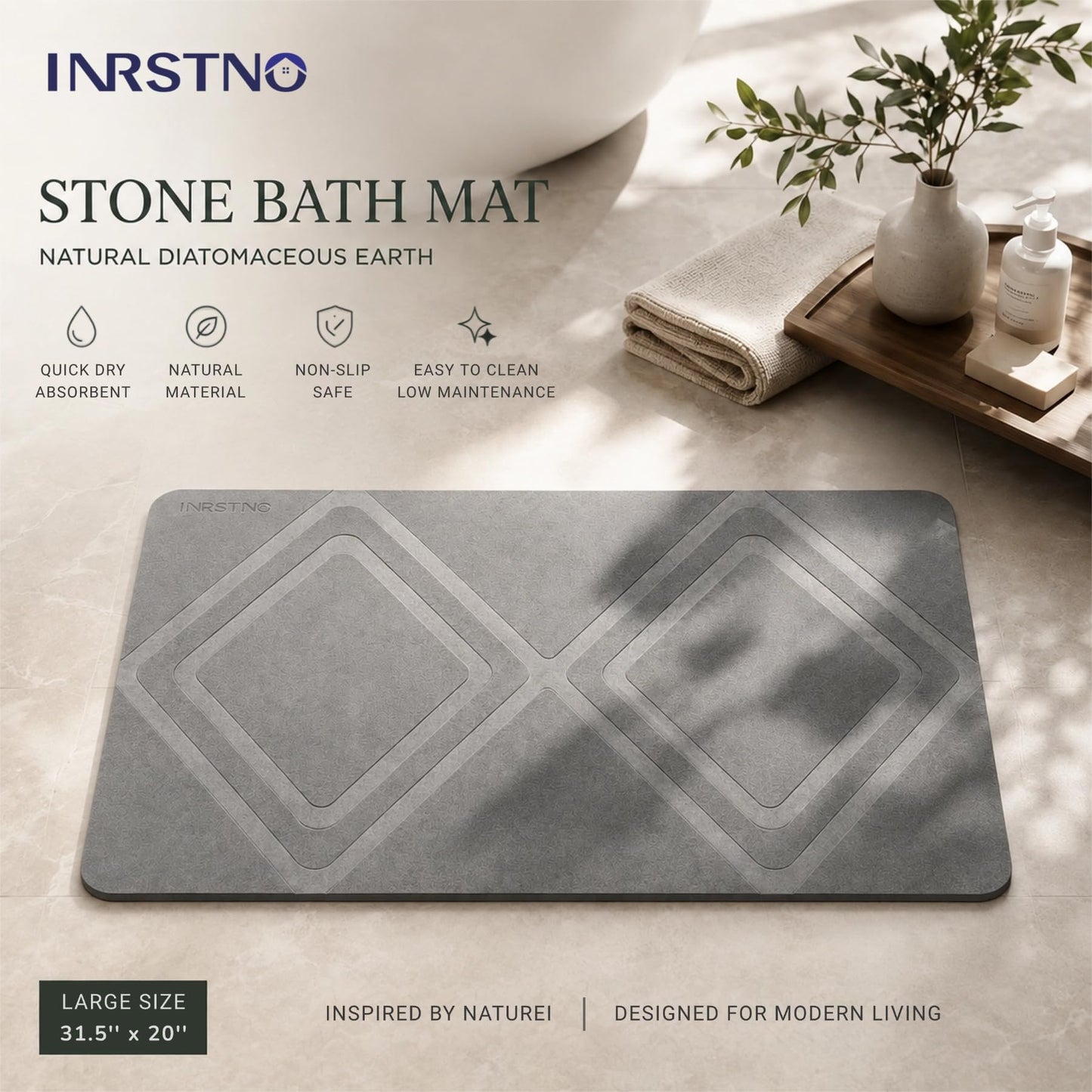 INRSTNO Premium Stone Bath Mat, Diamond Pattern, Quick Dry Diatomaceous Earth Bath Mat for Bathroom, Super Absorbent, Non-Slip & Easy to Clean, Large 31.5" x 20"