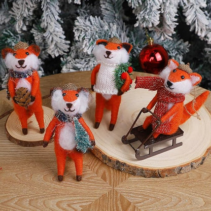 Set of 4 Christmas Felt Fox Ornaments, 5" Mini Wool Mr. Foxes Figurines for Christmas Tree Wreath Hanging, Fantastic Xmas Tabletop Decor, Animal Crafts Holiday Easter Gifts Party Supply