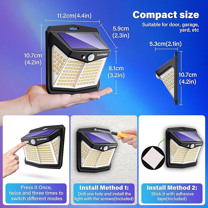 CLAONER Solar Lights Outdoor, [128 LED/8 Packs] Solar Motion Lights 3 Working Modes Solar Wall Lights with 270°Wide Angle Wireless IP65 Waterproof Motion Sensor Outdoor Deck Lights, Warm White