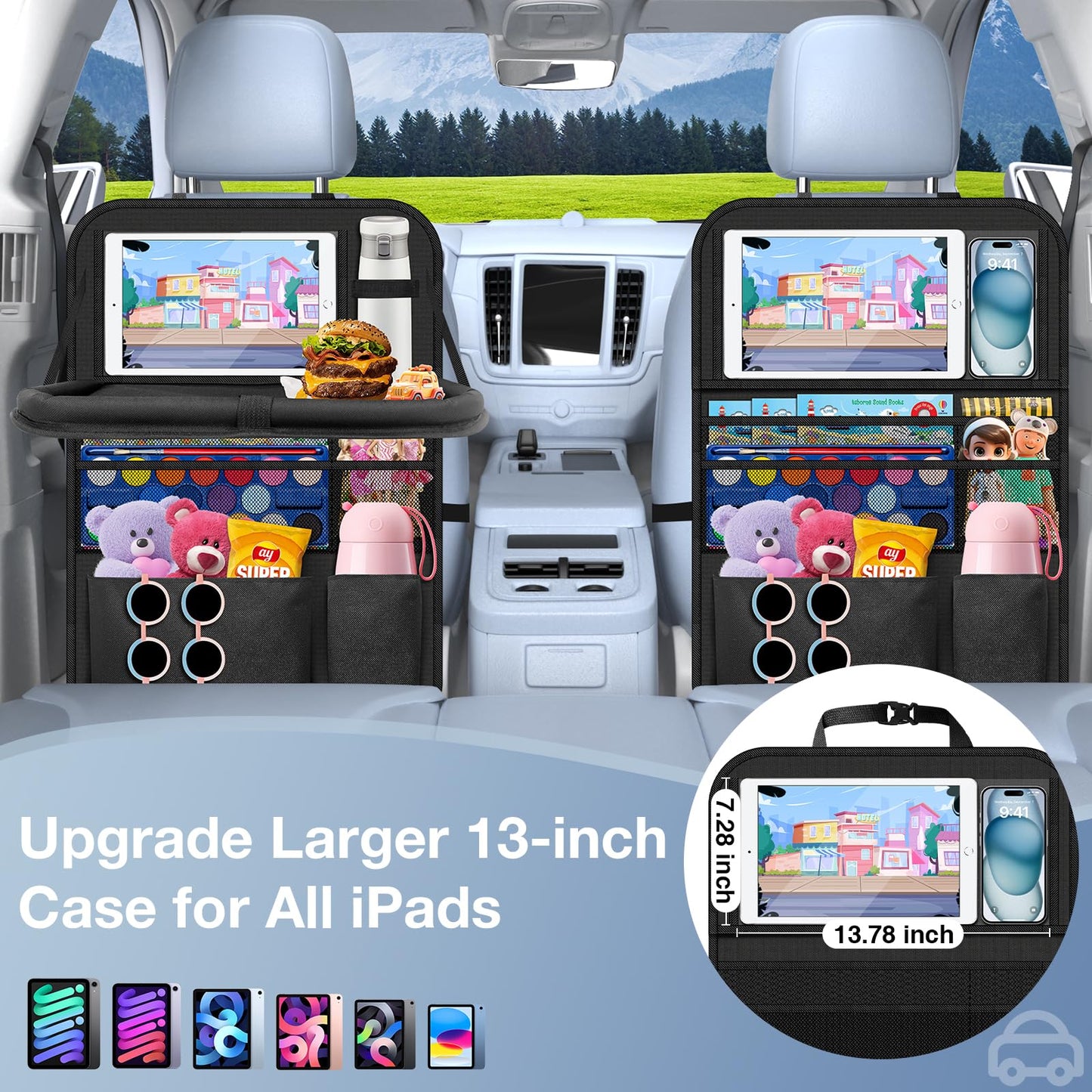 Oneyus Car Backseat Organizer with Table Tray(2-Pack) 9 Storage Pockets Backseat Car Organizer and storage with Tablet Holder, Kick Mats Back Seat Cover for Kids family Road Trip Essentials Travel