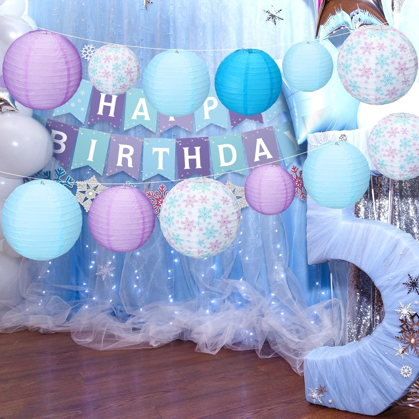 MotiMind 12 Pcs Snowflake Hanging Paper Lanterns Snowflake Princess Party Decors White Blue Purple Round Lantern for Snow Wonderland Birthday Party Supplies Baby Shower Home Winter Decor