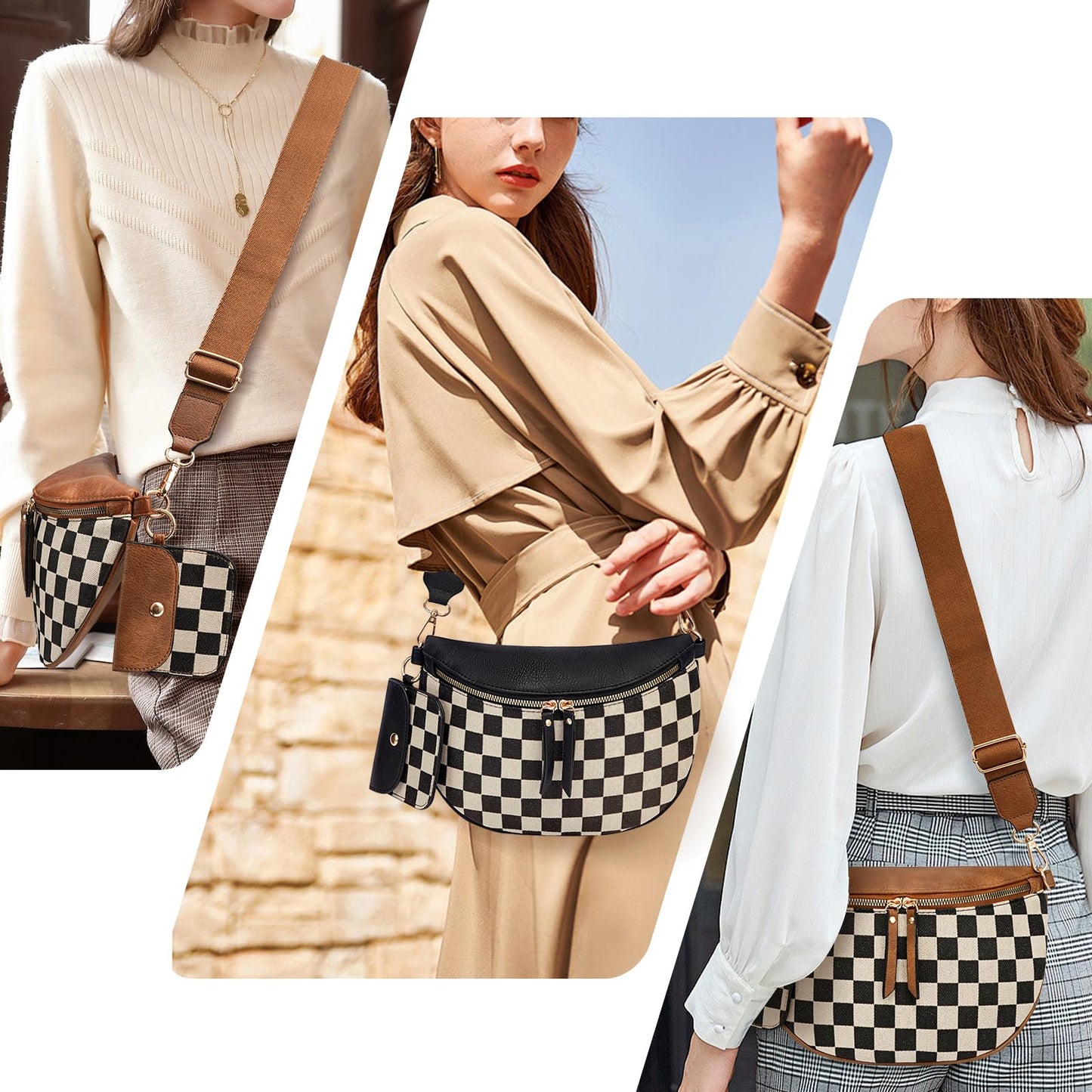 Checkered Crossbody Bag,Nylon Bum Bags for Women Crossbody,Spacious Sling Bag Purse Fanny Packs with Shoulder Strap