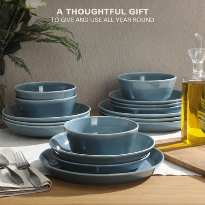 Gibson Home Summer Shades 16 Piece Plates and Bowls Dishes Service for 4 Porcelain Dinnerware Set - White