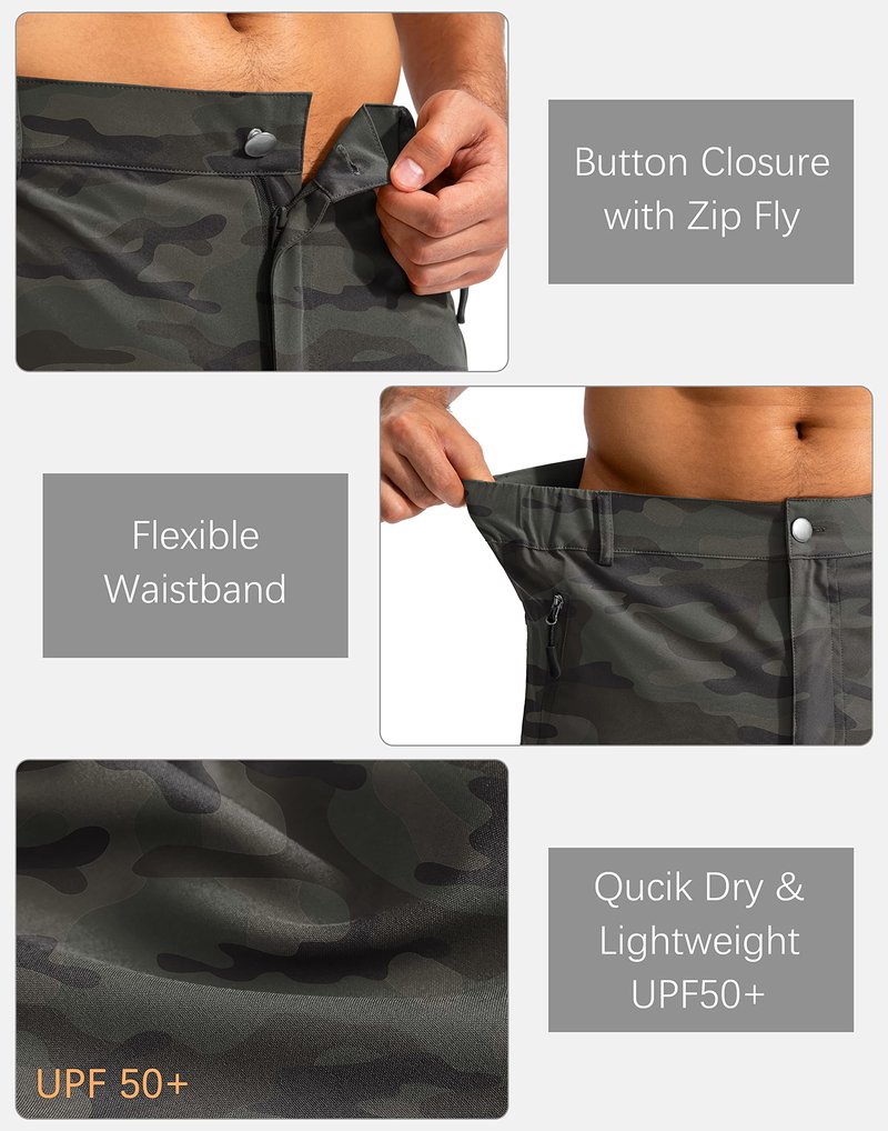 Pudolla Men's Hiking Cargo Shorts 9" Lightweight Outdoor Work Shorts for Men Travel Golf Camping Casual with 5 Zipper Pockets(Green Camo Medium)