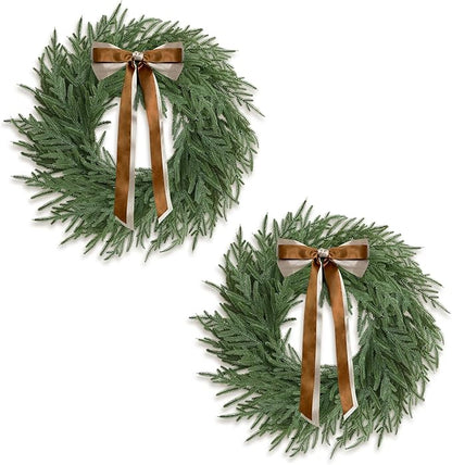 Christmas Decorations - 2 Pcs 24 Inch Christmas Wreath, Norfolk Pine Wreath, Christmas Wreaths for Front Door, Christmas Door Wreath with Bow for Outdoor Indoor with Ribbon for Home Table Wall