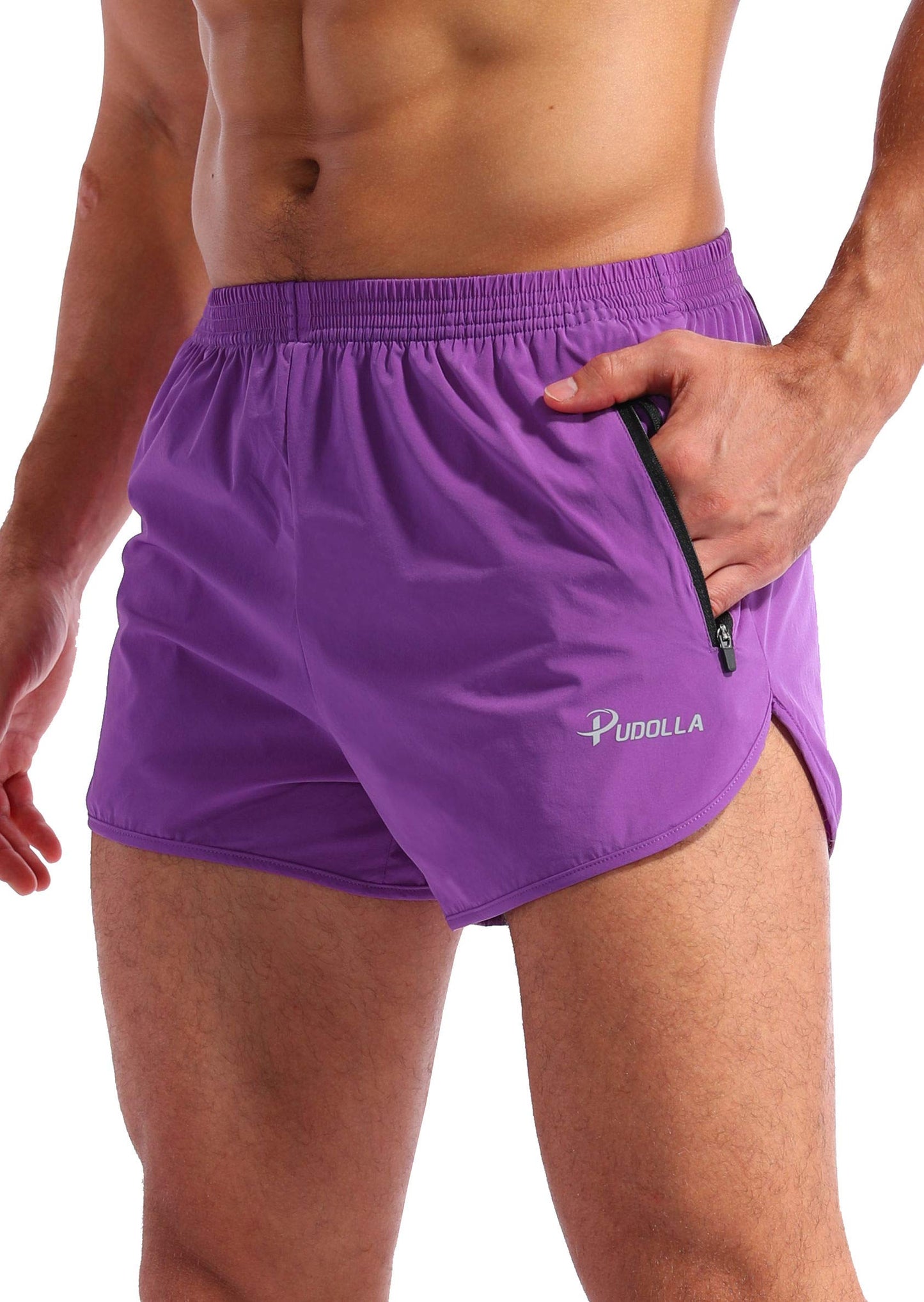 Pudolla Men’s Running Shorts 3 Inch Quick Dry Gym Athletic Workout Shorts for Men with Zipper Pockets(Purple Medium)