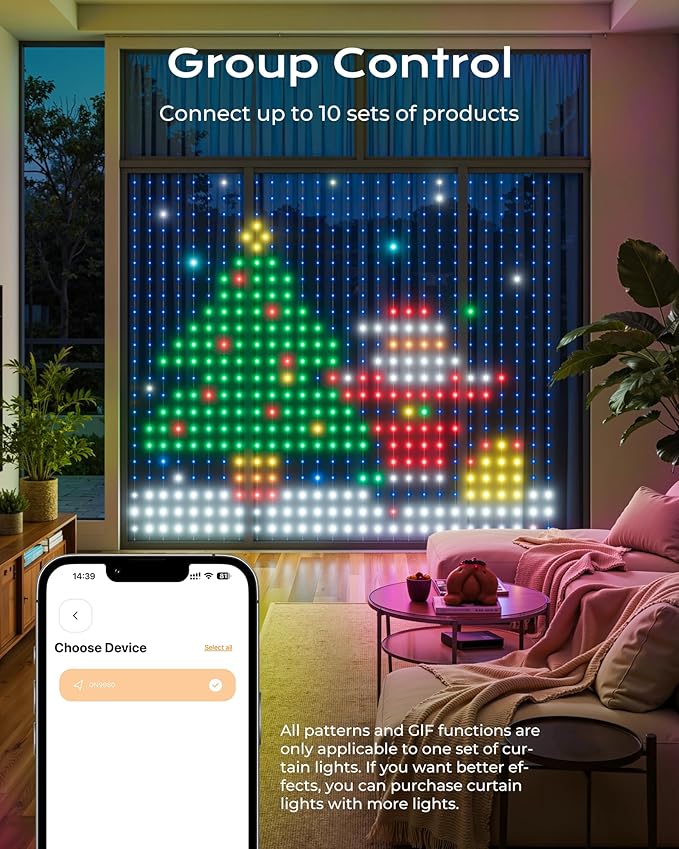 1040 RGBIC LEDs Smart Curtain Lights with DIY GIF, 9.8x6.6ft Color Changing Christmas Wall Lightss with APP, IP65 Waterproof String Fairy Lightss for Indoor Outdoor Bedroom Window Garage