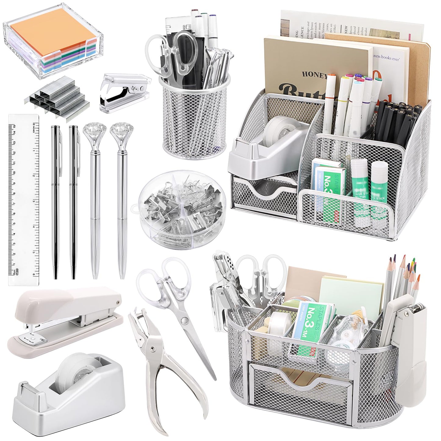 17 in1 Silvery Desk Organizers and Accessories Set, 3 Office Desk Supplies Storage Organization, 4 Pens, Stapler, Staples & Remover, Tape & Dispenser, Scissors, Ruler, Clips, Hole Punch Back to School