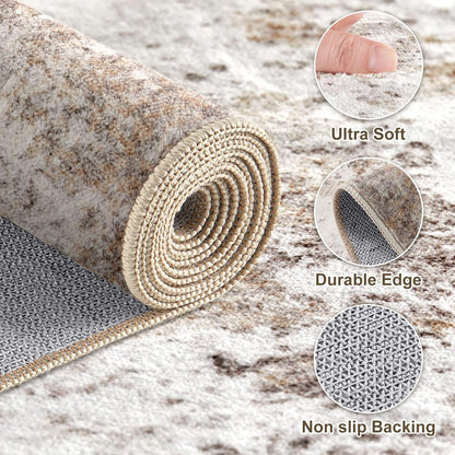 ELLIUNE 10x13 Washable Area Rugs for Living Room, Non Slip Soft Large Rugs for Bedroom Dining Room, Modern Abstract Low Pile Stain Resistant Carpet for Laundry Office Home Decor - Gold Brown