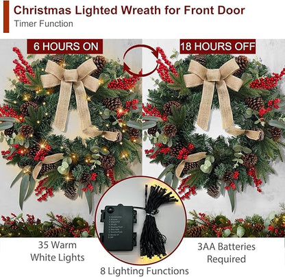 Christmas Lighted Wreath for Front Door, 28 Inches Pre-Lit 35 LED Lights, Natural Pine Cones Artificial Holiday Wreath for Indoor Outdoor Home Decorations