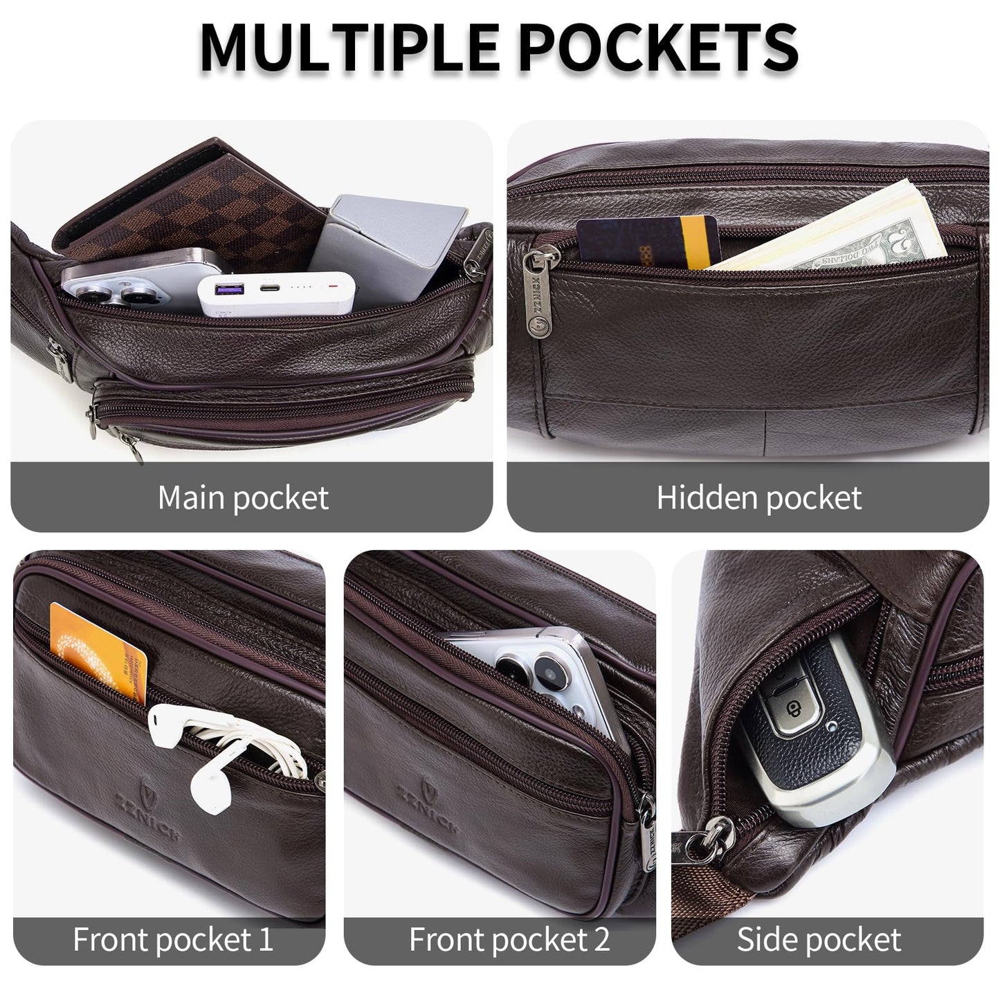 ZZNICK Genuine Leather Fanny Pack/Waist Bag/Organizer with Adjustable Belt, Multiple Pockets For Men and Women