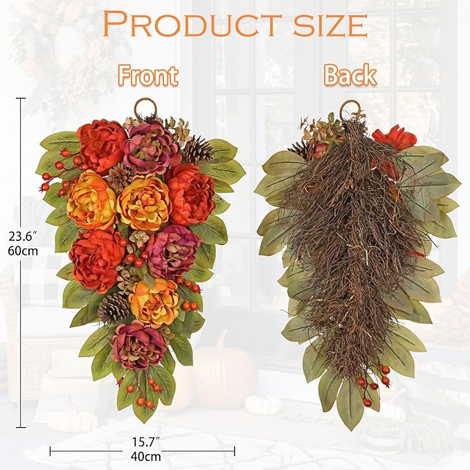 Fall Teardrop Swag with Peonies – 23.6 Inch Artificial Hanging Floral Wreath with Berries & Leaves for Thanksgiving Autumn Decoration